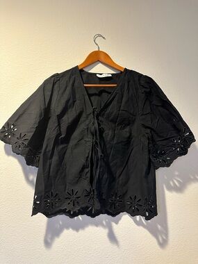 Black Tie-Front Eyelet-Trim Blouse